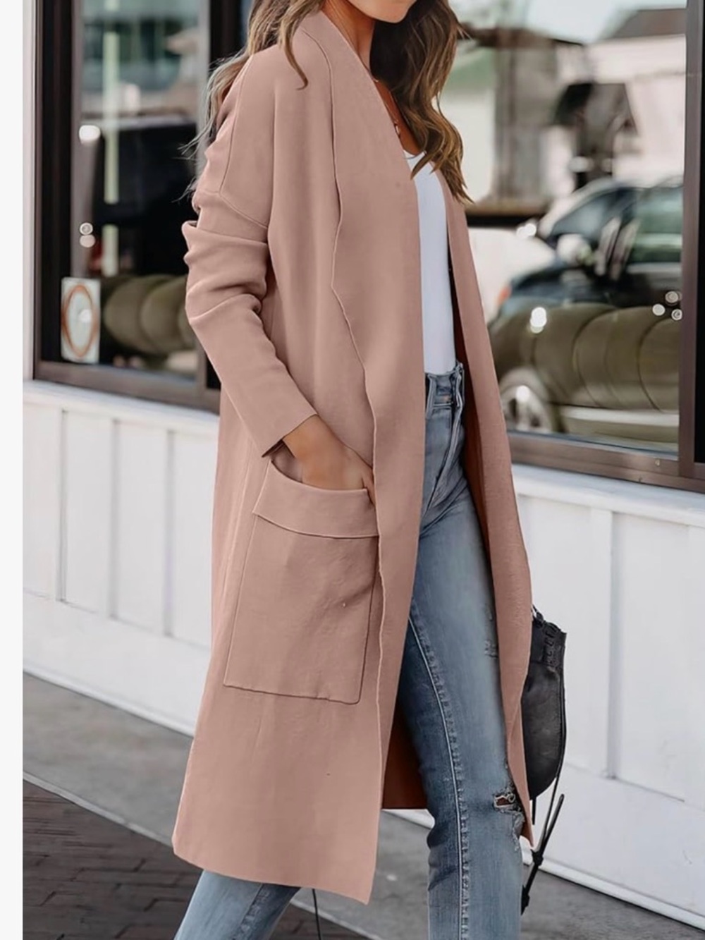 Womens Long Open Front Dusty Rose Coatigan
